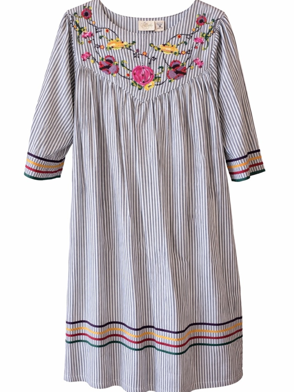 Vintage Style Cotton Embroidered Stripe Dress Medium Boho House Coat Grandma